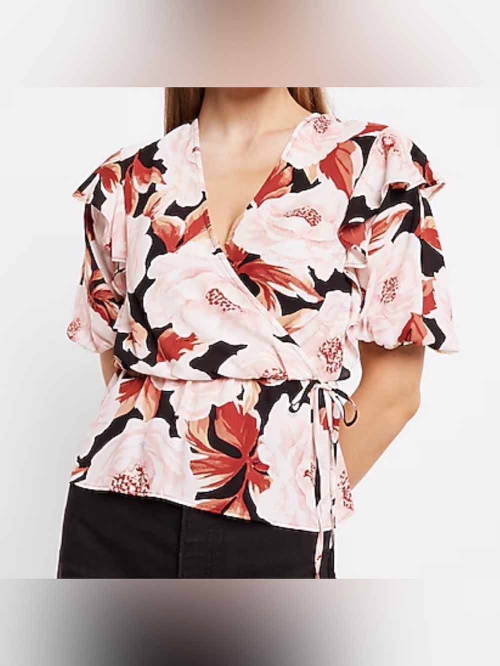 Express Floral Faux Wrap Top L